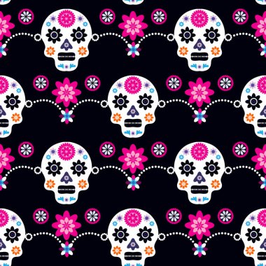 Meksika desenli, şeker kafalar ve renkli çiçekler. Meksika kutlaması şablonu, geleneksel Meksika iskeleti dekorasyonu. Dia de Los Muertos, Ölüler Günü. Vektör illüstrasyonu.