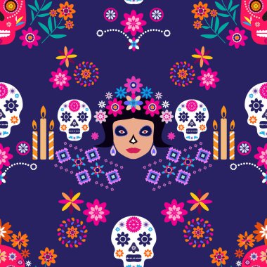 Meksika deseni, Catrina Calavera şeker kafatası ve kadife çiçeği. Meksika kutlaması şablonu, geleneksel Meksika iskeleti dekorasyonu. Dia de Los Muertos, Ölü Cadılar Bayramı Vektörü illüstrasyonu Günü