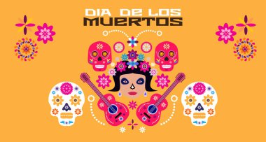 Dia de Los Muertos, Ölüler Günü ya da Cadılar Bayramı tebrik kartı, pankart, davetiye. Şeker dövmeli kafatasları, mum, marakas, gitar, sombrero ve kadife çiçekleri, Catrina Calavera geleneksel Meksika iskelet desenli Vektör çizimi.