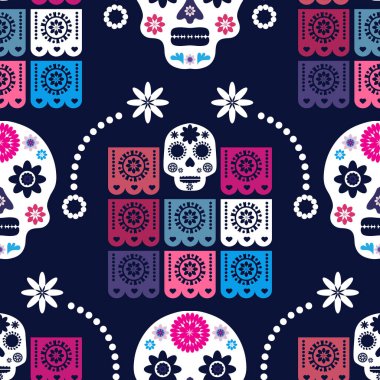 Meksika desenli, şeker kafalar ve renkli çiçekler. Meksika kutlaması şablonu, geleneksel Meksika iskeleti dekorasyonu. Dia de Los Muertos, Ölüler Günü. Vektör illüstrasyonu.