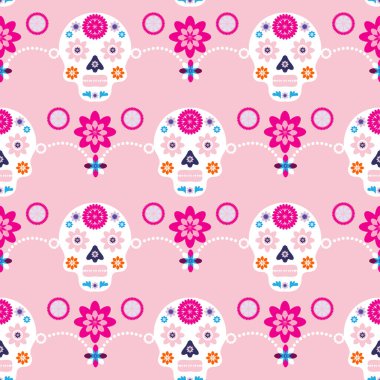 Meksika desenli, şeker kafalar ve renkli çiçekler. Meksika kutlaması şablonu, geleneksel Meksika iskeleti dekorasyonu. Dia de Los Muertos, Ölüler Günü. Vektör illüstrasyonu.