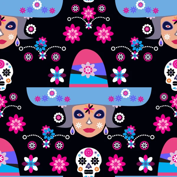 Modèle Sans Couture Mexicain Crânes Sucre Catrina Calavera Fleurs Souci — Image vectorielle