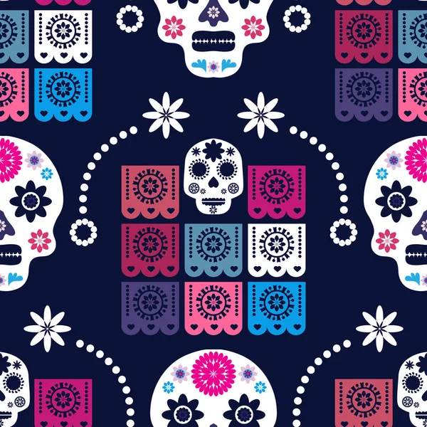 メキシコのシームレスなパターン 砂糖の頭蓋骨とカラフルな花 メキシコのお祝いのためのテンプレート 伝統的なメキシコのスケルトン装飾 Dia Los Muertos Day Dead — ストックベクタ