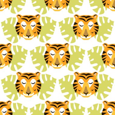 Şirin kaplan desenli kusursuz çocuksu desenler. Tekstil, kumaş, duvar kağıdı, çocuk kıyafetleri, duvar resimleri, poster, yüzey tasarımı, moda çocuklarının giydiği kıyafetler, bebek partisi. Çocuklar için vektör çizimi