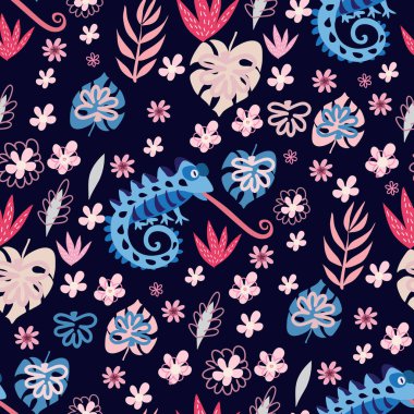 Şirin bukalemunları olan kusursuz çocuksu bir model. Tekstil, kumaş, duvar kağıdı, poster, kartpostal, yüzey tasarımı, moda çocuklarının giydiği kıyafetler, bebek partisi. Çocuklar için vektör çizimi.