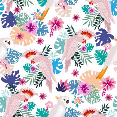 Tropik papağanlarla kusursuz desen. Renkli egzotik kuşlar, yapraklar, çiçekler, bitkiler ve dallar tekstil, kumaş, kapaklar, moda için sanat baskıları. EPS 10