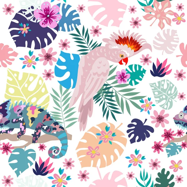 Seamless Pattern Tropical Parrots Colorful Exotic Birds Leaves Flowers Plants — Stock Vector