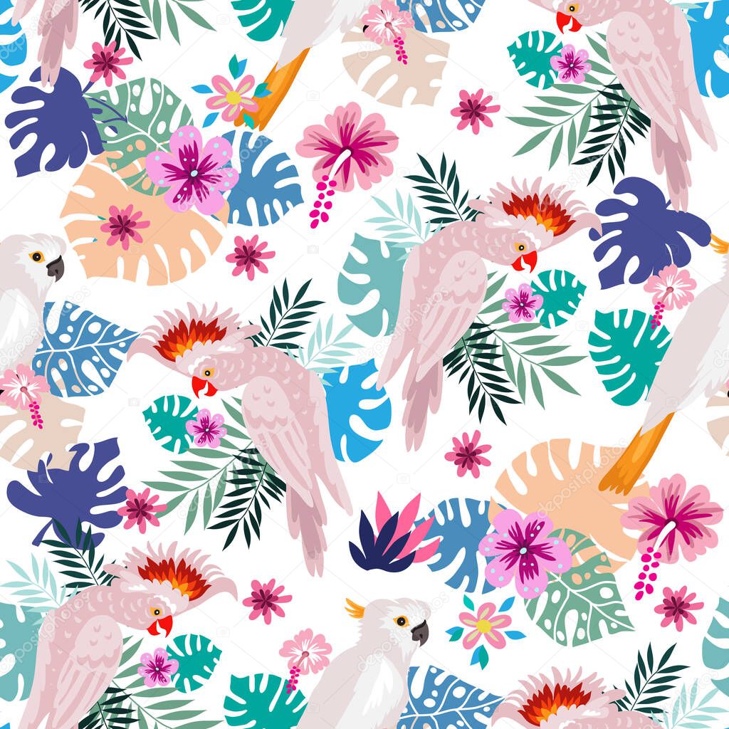 Seamless pattern with tropical parrots. Colorful exotic Birds, leaves, flowers, plants and branches art print for textile, fabric, covers, fashion.  EPS 10