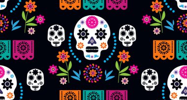 Meksika desenli, şeker kafalar ve renkli çiçekler. Meksika kutlaması şablonu, geleneksel Meksika iskeleti dekorasyonu. Dia de Los Muertos, Ölüler Günü. Vektör illüstrasyonu.