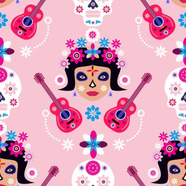 Meksika deseni, Catrina Calavera şeker kafatası ve kadife çiçeği. Meksika kutlaması şablonu, geleneksel Meksika iskeleti dekorasyonu. Dia de Los Muertos, Ölü Cadılar Bayramı Vektörü illüstrasyonu Günü