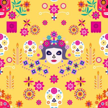 Meksika deseni, Catrina Calavera şeker kafatası ve kadife çiçeği. Meksika kutlaması şablonu, geleneksel Meksika iskeleti dekorasyonu. Dia de Los Muertos, Ölü Cadılar Bayramı Vektörü illüstrasyonu Günü