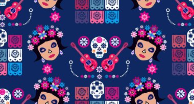 Meksika deseni, Catrina Calavera şeker kafatası ve kadife çiçeği. Meksika kutlaması şablonu, geleneksel Meksika iskeleti dekorasyonu. Dia de Los Muertos, Ölü Cadılar Bayramı Vektörü illüstrasyonu Günü
