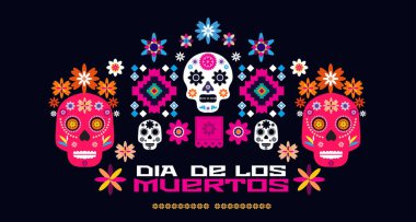 Dia de Los Muertos, Ölüler Günü ya da Cadılar Bayramı tebrik kartı, pankart, davetiye. Şeker dövmeli kafatasları, mum, marakas, gitar, sombrero ve kadife çiçekleri, Catrina Calavera geleneksel Meksika iskelet desenli Vektör çizimi.