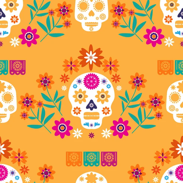 メキシコのシームレスなパターン 砂糖の頭蓋骨とカラフルな花 メキシコのお祝いのためのテンプレート 伝統的なメキシコのスケルトン装飾 Dia Los Muertos Day Dead — ストックベクタ