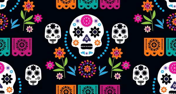 Meksika desenli, şeker kafalar ve renkli çiçekler. Meksika kutlaması şablonu, geleneksel Meksika iskeleti dekorasyonu. Dia de Los Muertos, Ölüler Günü. Vektör illüstrasyonu.