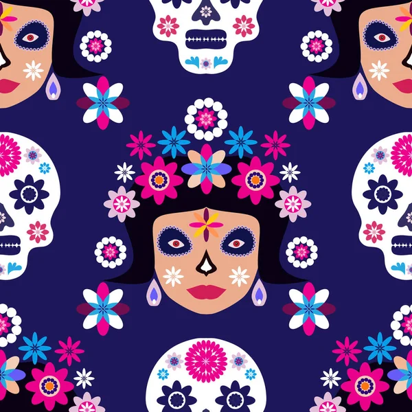 Meksika deseni, Catrina Calavera şeker kafatası ve kadife çiçeği. Meksika kutlaması şablonu, geleneksel Meksika iskeleti dekorasyonu. Dia de Los Muertos, Ölü Cadılar Bayramı Vektörü illüstrasyonu Günü