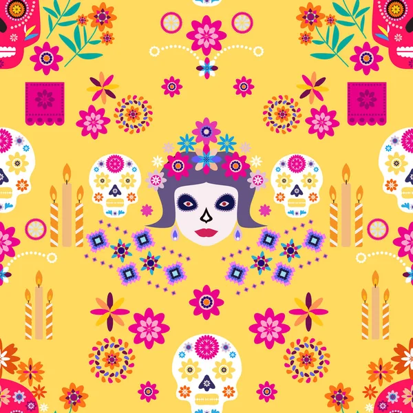 Мексиканский Бесшовный Рисунок Сахарные Черепа Катрины Калавера Цветы Мэриголд Шаблон — стоковый вектор