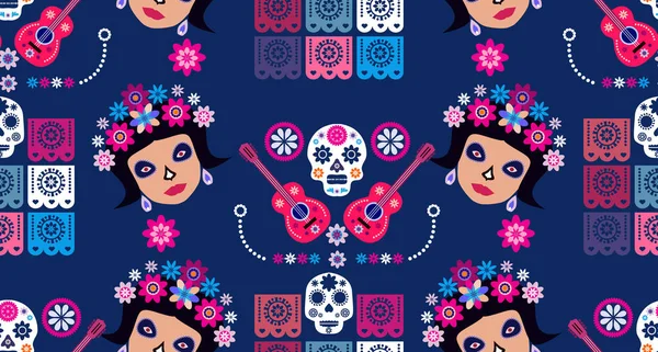 メキシコのシームレスなパターン カトリーナカラベラ砂糖頭蓋骨とマリーゴールドの花 メキシコのお祝いのためのテンプレート 伝統的なメキシコのスケルトン装飾 デッド ハロウィーン ベクトル イラストの日 Dia Los — ストックベクタ
