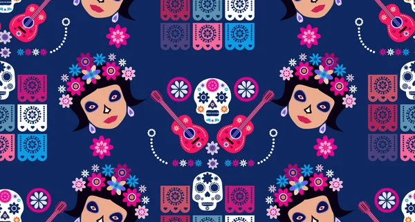 Meksykański Bezszwowy Wzór Czaszki Cukru Catrina Calavera Kwiaty Nagietka Szablon — Wektor stockowy