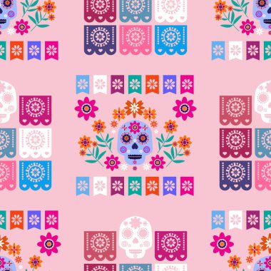 Meksikalıların kusursuz desenleri, Meksika kutlaması için şeker kafatası ve çiçek şablonu, geleneksel Meksika iskeleti dekorasyonu. Dia de Los Muertos, Ölü Cadılar Bayramı Vektörü illüstrasyonu Günü