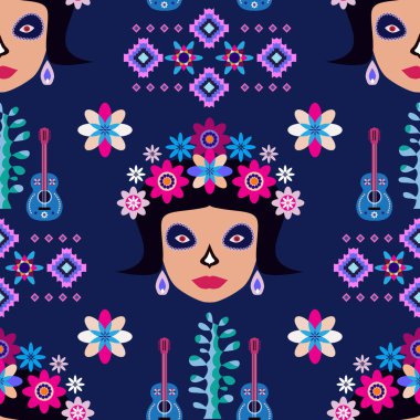 Meksikalıların kusursuz desenleri, Meksika kutlaması için şeker kafatası ve çiçek şablonu, geleneksel Meksika iskeleti dekorasyonu. Dia de Los Muertos, Ölü Cadılar Bayramı Vektörü illüstrasyonu Günü