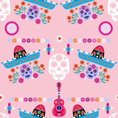 Meksikalıların kusursuz desenleri, Meksika kutlaması için şeker kafatası ve çiçek şablonu, geleneksel Meksika iskeleti dekorasyonu. Dia de Los Muertos, Ölü Cadılar Bayramı Vektörü illüstrasyonu Günü