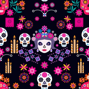 Meksika deseni, Catrina Calavera şeker kafatası ve kadife çiçeği. Meksika kutlaması şablonu, geleneksel Meksika iskeleti dekorasyonu. Dia de Los Muertos, Ölü Cadılar Bayramı Vektörü illüstrasyonu Günü