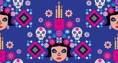 Meksika deseni, Catrina Calavera şeker kafatası ve kadife çiçeği. Meksika kutlaması şablonu, geleneksel Meksika iskeleti dekorasyonu. Dia de Los Muertos, Ölü Cadılar Bayramı Vektörü illüstrasyonu Günü
