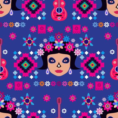 Meksikalıların kusursuz desenleri, Meksika kutlaması için şeker kafatası ve çiçek şablonu, geleneksel Meksika iskeleti dekorasyonu. Dia de Los Muertos, Ölü Cadılar Bayramı Vektörü illüstrasyonu Günü