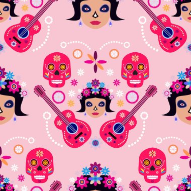 Meksikalıların kusursuz desenleri, Meksika kutlaması için şeker kafatası ve çiçek şablonu, geleneksel Meksika iskeleti dekorasyonu. Dia de Los Muertos, Ölü Cadılar Bayramı Vektörü illüstrasyonu Günü