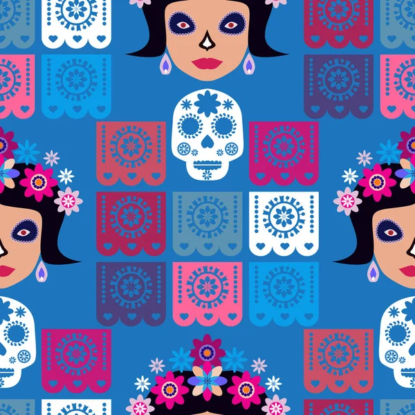 Мексиканский Бесшовный Узор Сахарные Черепа Цветы Шаблон Мексиканского Праздника Традиционное — стоковый вектор
