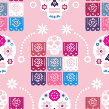 Meksika desenli, şeker kafalar ve renkli çiçekler. Meksika kutlaması şablonu, geleneksel Meksika iskeleti dekorasyonu. Dia de Los Muertos, Ölüler Günü. Vektör illüstrasyonu.