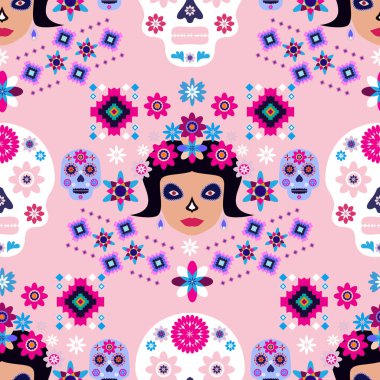 Meksika desenli, şeker kafalar ve renkli çiçekler. Meksika kutlaması şablonu, geleneksel Meksika iskeleti dekorasyonu. Dia de Los Muertos, Ölüler Günü. Vektör illüstrasyonu.