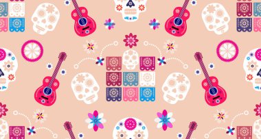 Meksika desenli, şeker kafalar ve renkli çiçekler. Meksika kutlaması şablonu, geleneksel Meksika iskeleti dekorasyonu. Dia de Los Muertos, Ölüler Günü. Vektör illüstrasyonu.