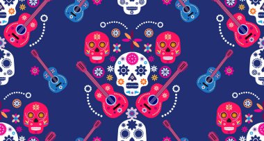 Meksika desenli, şeker kafalar ve renkli çiçekler. Meksika kutlaması şablonu, geleneksel Meksika iskeleti dekorasyonu. Dia de Los Muertos, Ölüler Günü. Vektör illüstrasyonu.