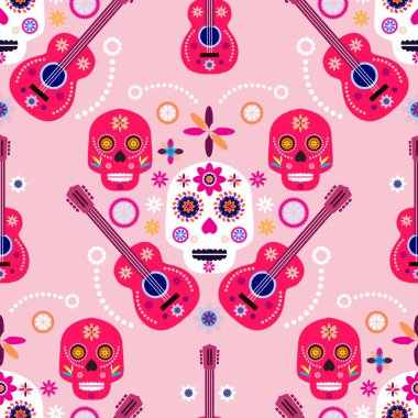 Meksikalıların kusursuz desenleri, Meksika kutlaması için şeker kafatası ve çiçek şablonu, geleneksel Meksika iskeleti dekorasyonu. Dia de Los Muertos, Ölü Cadılar Bayramı Vektörü illüstrasyonu Günü