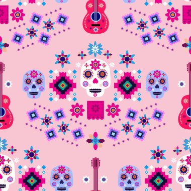 Meksikalıların kusursuz desenleri, Meksika kutlaması için şeker kafatası ve çiçek şablonu, geleneksel Meksika iskeleti dekorasyonu. Dia de Los Muertos, Ölü Cadılar Bayramı Vektörü illüstrasyonu Günü