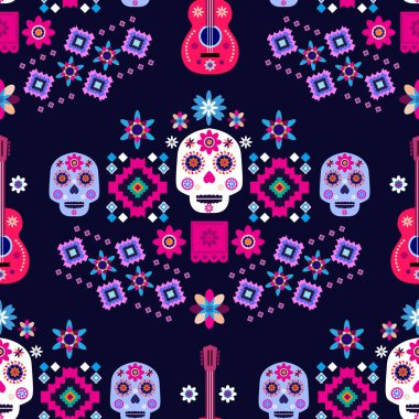 Meksikalıların kusursuz desenleri, Meksika kutlaması için şeker kafatası ve çiçek şablonu, geleneksel Meksika iskeleti dekorasyonu. Dia de Los Muertos, Ölü Cadılar Bayramı Vektörü illüstrasyonu Günü