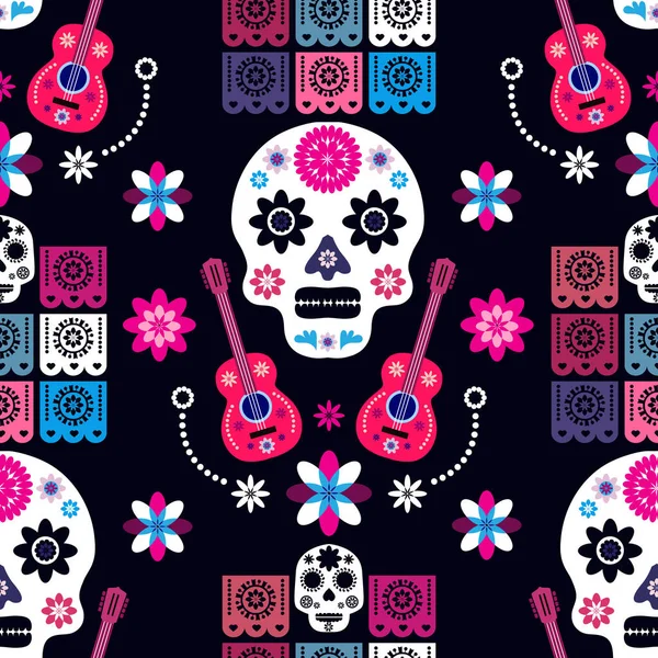 Patrón Mexicano Sin Costuras Calaveras Azúcar Flores Colores Plantilla Para — Archivo Imágenes Vectoriales