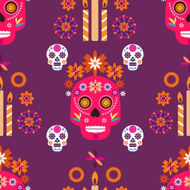 Meksika desenli, şeker kafalar ve renkli çiçekler. Meksika kutlaması şablonu, geleneksel Meksika iskeleti dekorasyonu. Dia de Los Muertos, Ölüler Günü. Vektör illüstrasyonu.