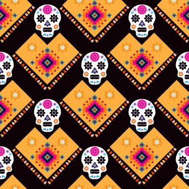 Meksika desenli, şeker kafalar ve renkli çiçekler. Meksika kutlaması şablonu, geleneksel Meksika iskeleti dekorasyonu. Dia de Los Muertos, Ölüler Günü. Vektör illüstrasyonu.