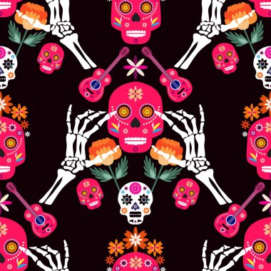 Meksika desenli, şeker kafalar ve renkli çiçekler. Meksika kutlaması şablonu, geleneksel Meksika iskeleti dekorasyonu. Dia de Los Muertos, Ölüler Günü. Vektör illüstrasyonu.