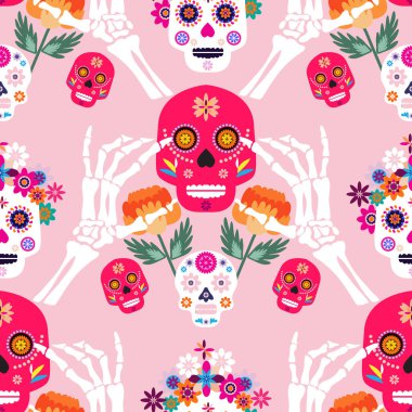 Meksika desenli, şeker kafalar ve renkli çiçekler. Meksika kutlaması şablonu, geleneksel Meksika iskeleti dekorasyonu. Dia de Los Muertos, Ölüler Günü. Vektör illüstrasyonu.