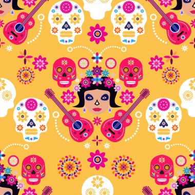 Meksika deseni, Catrina Calavera şeker kafatası ve kadife çiçeği. Meksika kutlaması şablonu, geleneksel Meksika iskeleti dekorasyonu. Dia de Los Muertos, Ölü Cadılar Bayramı Vektörü illüstrasyonu Günü
