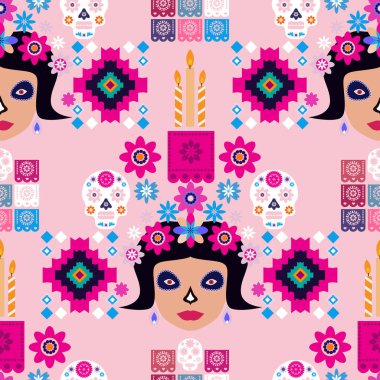 Meksika deseni, Catrina Calavera şeker kafatası ve kadife çiçeği. Meksika kutlaması şablonu, geleneksel Meksika iskeleti dekorasyonu. Dia de Los Muertos, Ölü Cadılar Bayramı Vektörü illüstrasyonu Günü