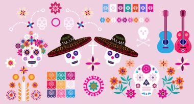 Dia de Los Muertos, Ölüler Günü veya Cadılar Bayramı. Şeker dövmeli kafatasları, mum, marakas, gitar, sombrero ve kadife çiçekleri, Catrina Calavera geleneksel Meksika iskelet desenli Vektör çizimi.