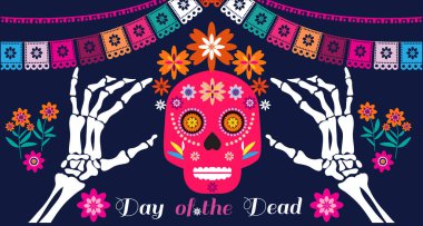 Dia de Los Muertos, Ölüler Günü ya da Cadılar Bayramı tebrik kartı, pankart, davetiye. Şeker dövmeli kafatasları, mum, marakas, gitar, sombrero ve kadife çiçekleri, Catrina Calavera geleneksel Meksika iskelet desenli Vektör çizimi.