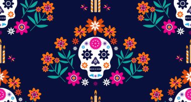 Meksika desenli, şeker kafalar ve renkli çiçekler. Meksika kutlaması şablonu, geleneksel Meksika iskeleti dekorasyonu. Dia de Los Muertos, Ölüler Günü. Vektör illüstrasyonu.