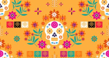 Meksika desenli, şeker kafalar ve renkli çiçekler. Meksika kutlaması şablonu, geleneksel Meksika iskeleti dekorasyonu. Dia de Los Muertos, Ölüler Günü. Vektör illüstrasyonu.