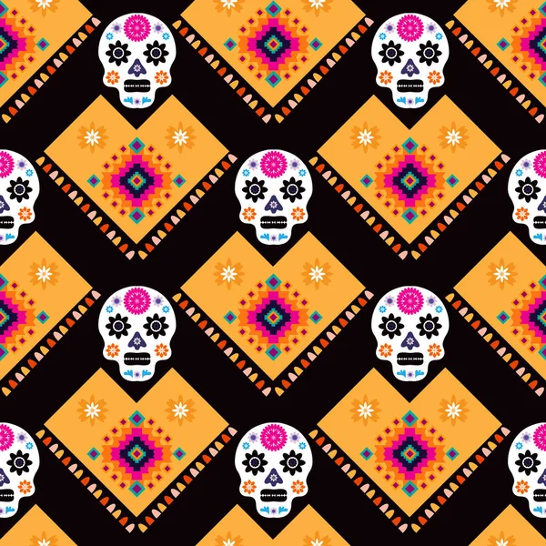 Patrón Mexicano Sin Costuras Calaveras Azúcar Flores Colores Plantilla Para — Archivo Imágenes Vectoriales